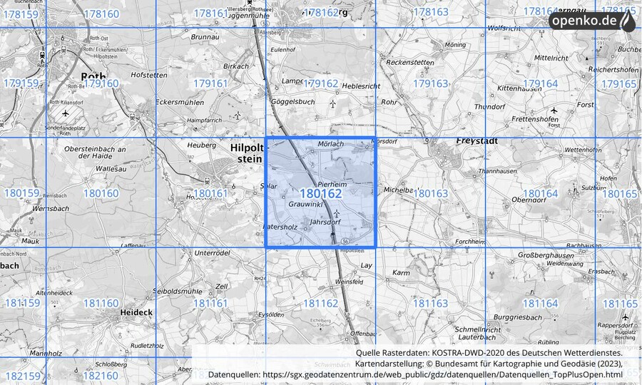 Übersichtskarte des KOSTRA-DWD-2020-Rasterfeldes Nr. 180162