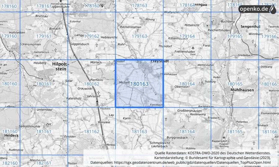 Übersichtskarte des KOSTRA-DWD-2020-Rasterfeldes Nr. 180163