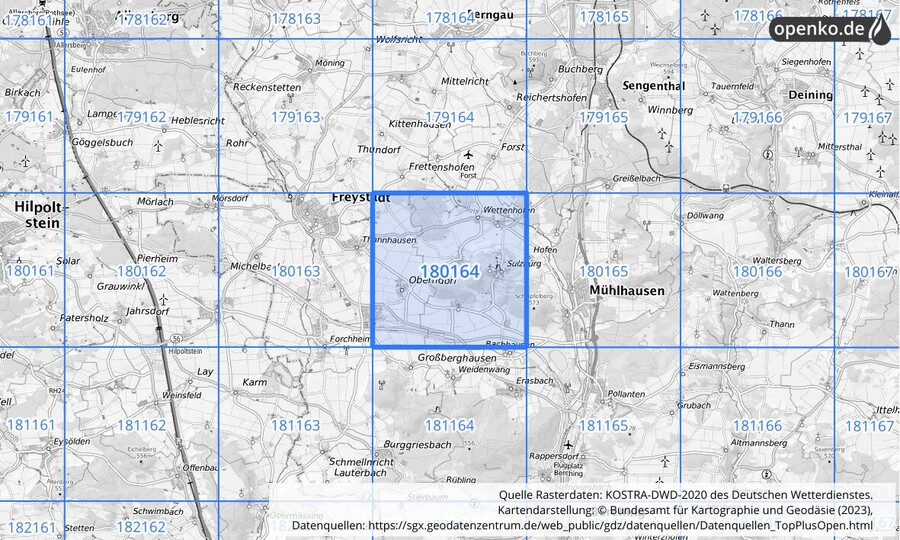 Übersichtskarte des KOSTRA-DWD-2020-Rasterfeldes Nr. 180164