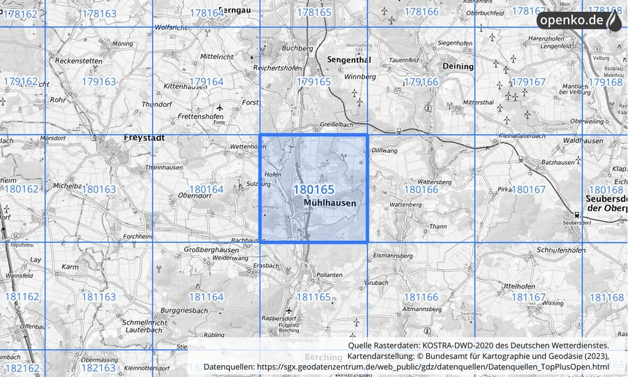 Übersichtskarte des KOSTRA-DWD-2020-Rasterfeldes Nr. 180165