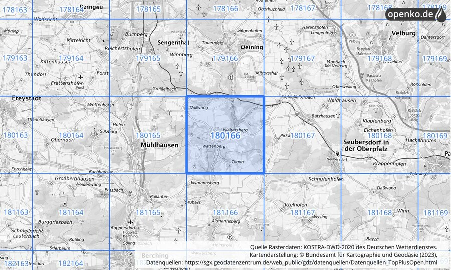 Übersichtskarte des KOSTRA-DWD-2020-Rasterfeldes Nr. 180166