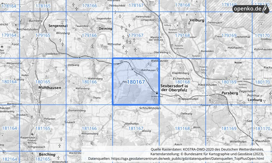 Übersichtskarte des KOSTRA-DWD-2020-Rasterfeldes Nr. 180167