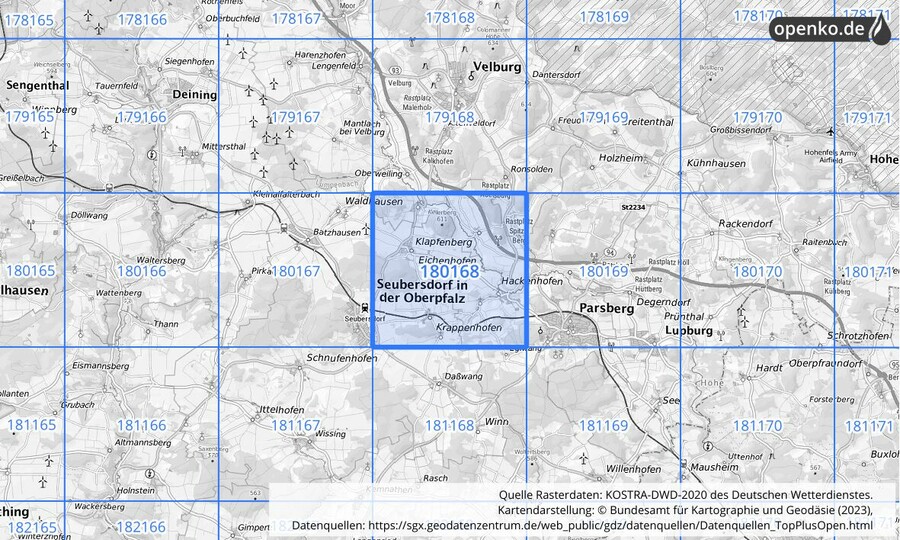 Übersichtskarte des KOSTRA-DWD-2020-Rasterfeldes Nr. 180168