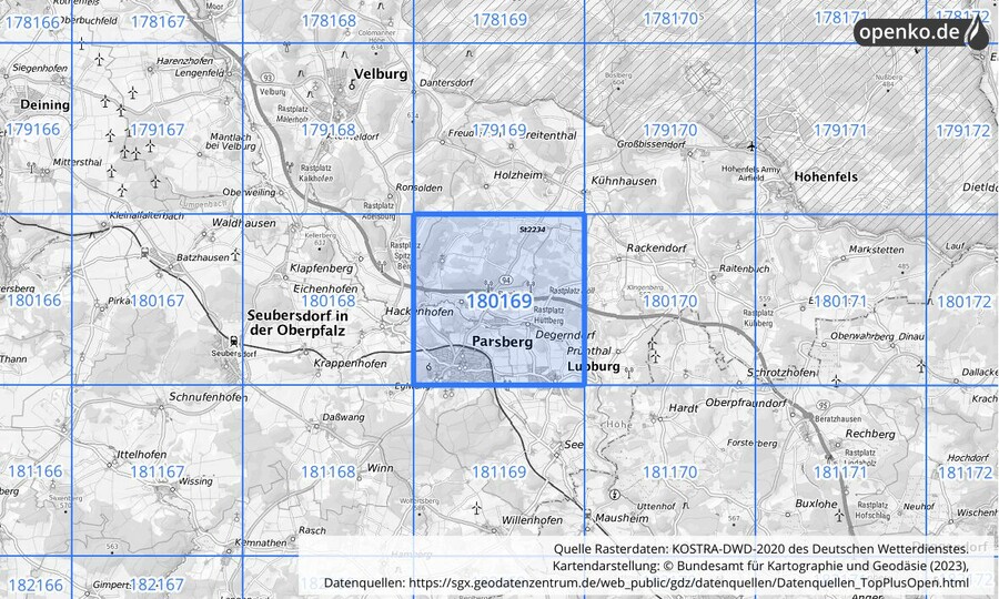 Übersichtskarte des KOSTRA-DWD-2020-Rasterfeldes Nr. 180169