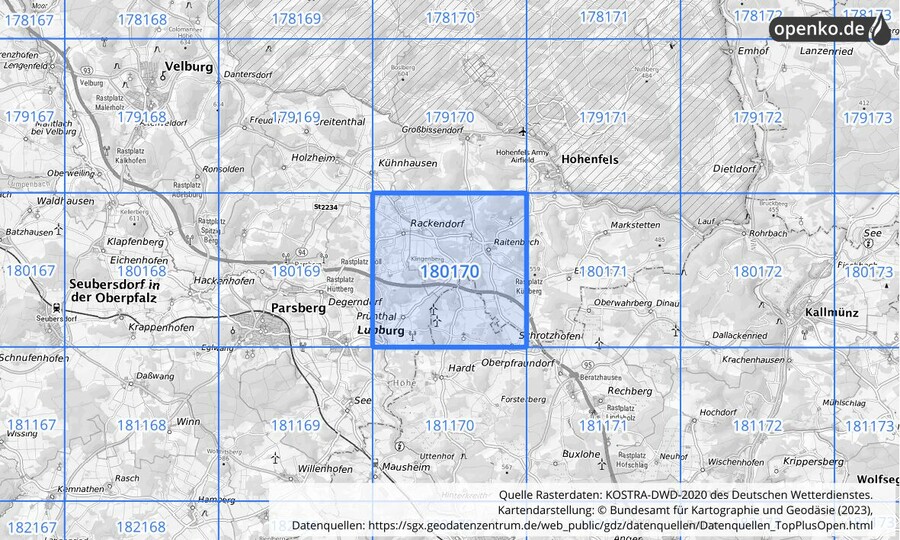 Übersichtskarte des KOSTRA-DWD-2020-Rasterfeldes Nr. 180170