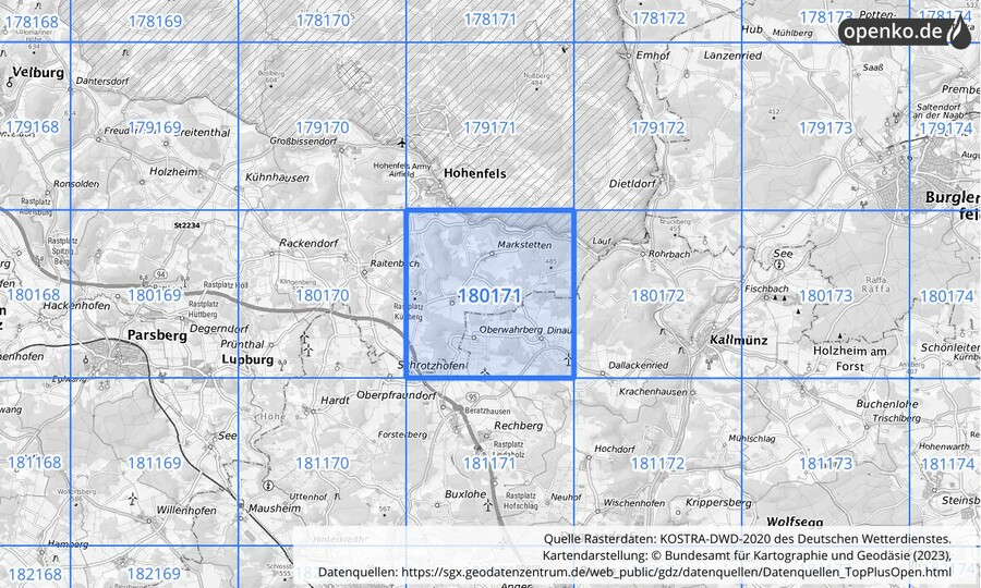Übersichtskarte des KOSTRA-DWD-2020-Rasterfeldes Nr. 180171