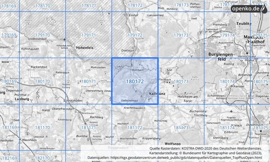 Übersichtskarte des KOSTRA-DWD-2020-Rasterfeldes Nr. 180172