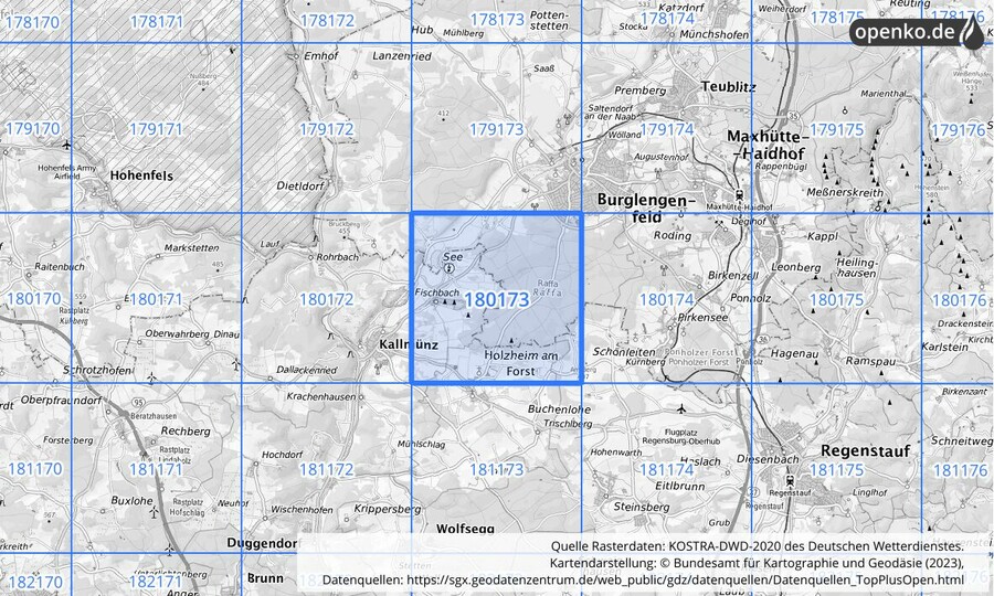 Übersichtskarte des KOSTRA-DWD-2020-Rasterfeldes Nr. 180173
