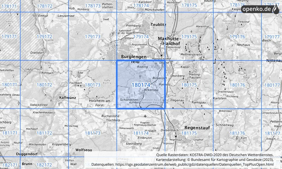 Übersichtskarte des KOSTRA-DWD-2020-Rasterfeldes Nr. 180174