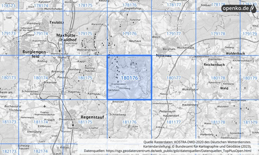 Übersichtskarte des KOSTRA-DWD-2020-Rasterfeldes Nr. 180176