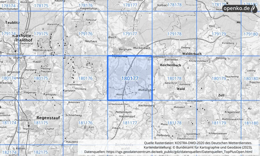 Übersichtskarte des KOSTRA-DWD-2020-Rasterfeldes Nr. 180177
