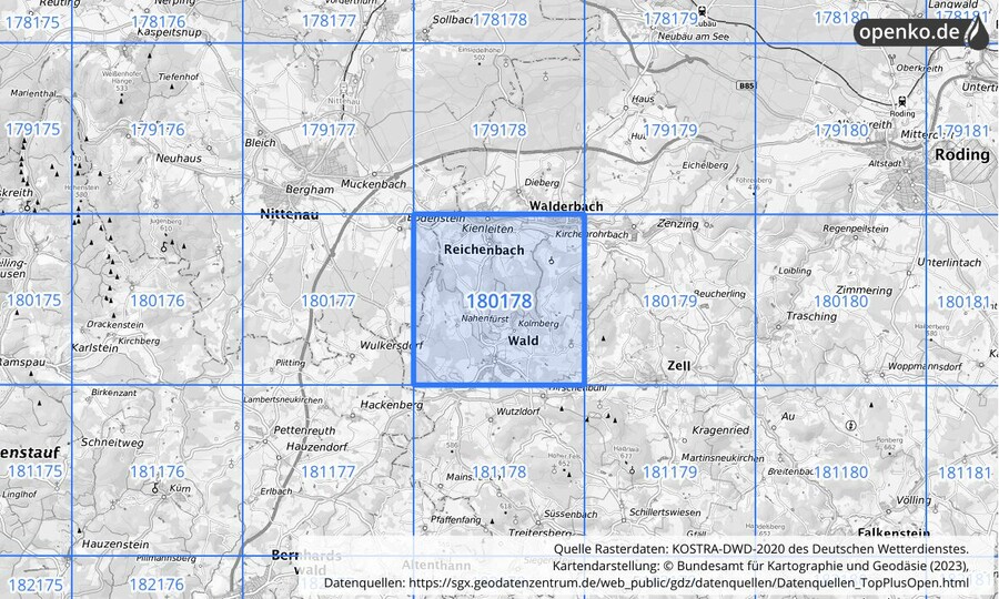 Übersichtskarte des KOSTRA-DWD-2020-Rasterfeldes Nr. 180178