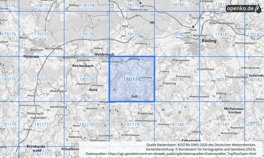 Übersichtskarte des KOSTRA-DWD-2020-Rasterfeldes Nr. 180179