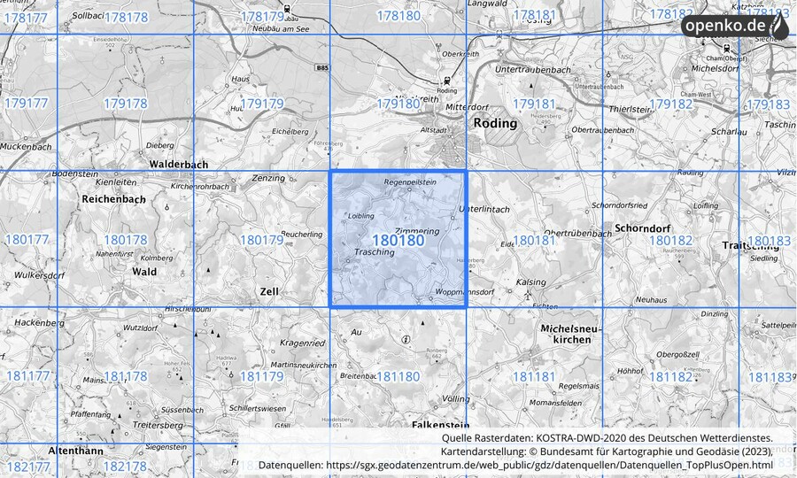 Übersichtskarte des KOSTRA-DWD-2020-Rasterfeldes Nr. 180180