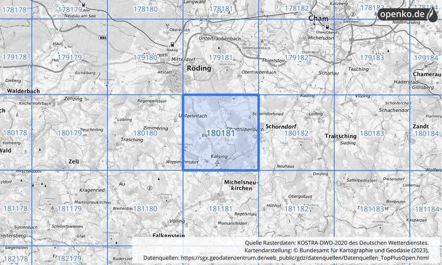 Übersichtskarte des KOSTRA-DWD-2020-Rasterfeldes Nr. 180181