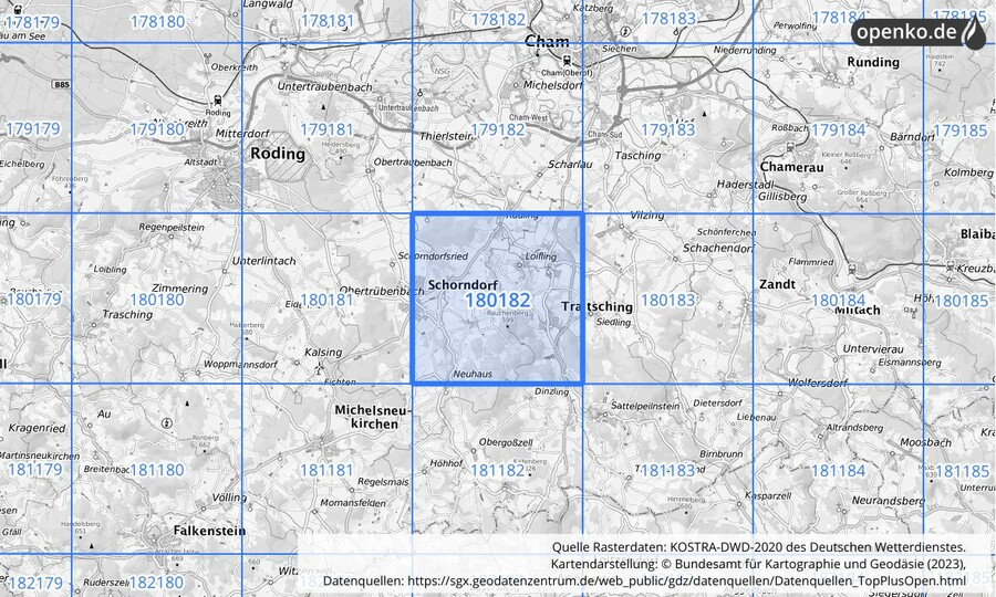 Übersichtskarte des KOSTRA-DWD-2020-Rasterfeldes Nr. 180182