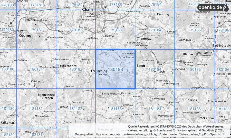 Übersichtskarte des KOSTRA-DWD-2020-Rasterfeldes Nr. 180183