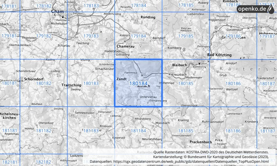 Übersichtskarte des KOSTRA-DWD-2020-Rasterfeldes Nr. 180184