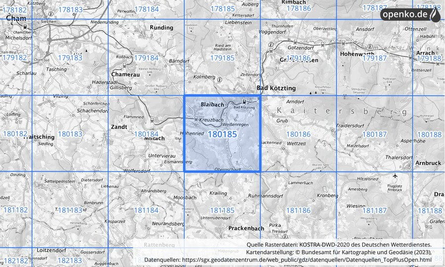 Übersichtskarte des KOSTRA-DWD-2020-Rasterfeldes Nr. 180185