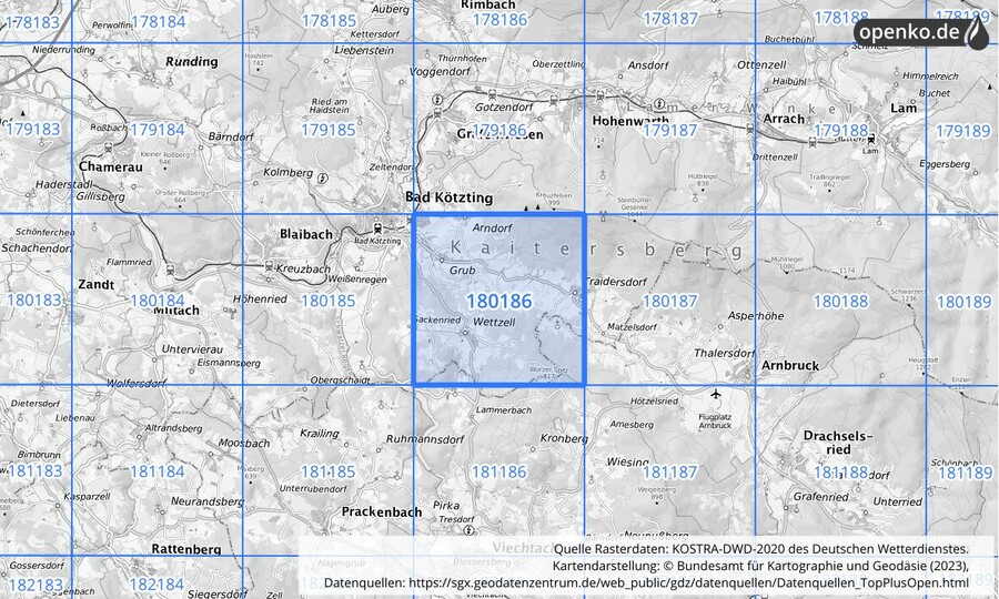 Übersichtskarte des KOSTRA-DWD-2020-Rasterfeldes Nr. 180186