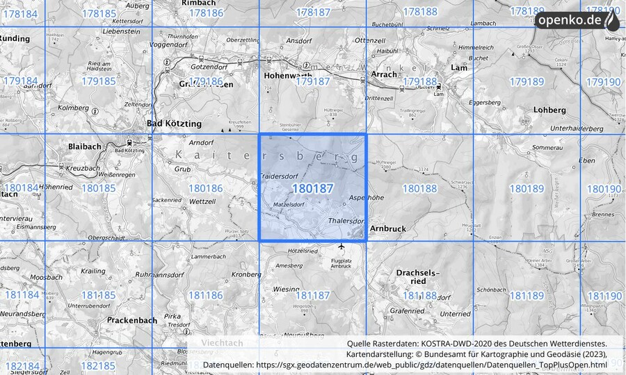 Übersichtskarte des KOSTRA-DWD-2020-Rasterfeldes Nr. 180187