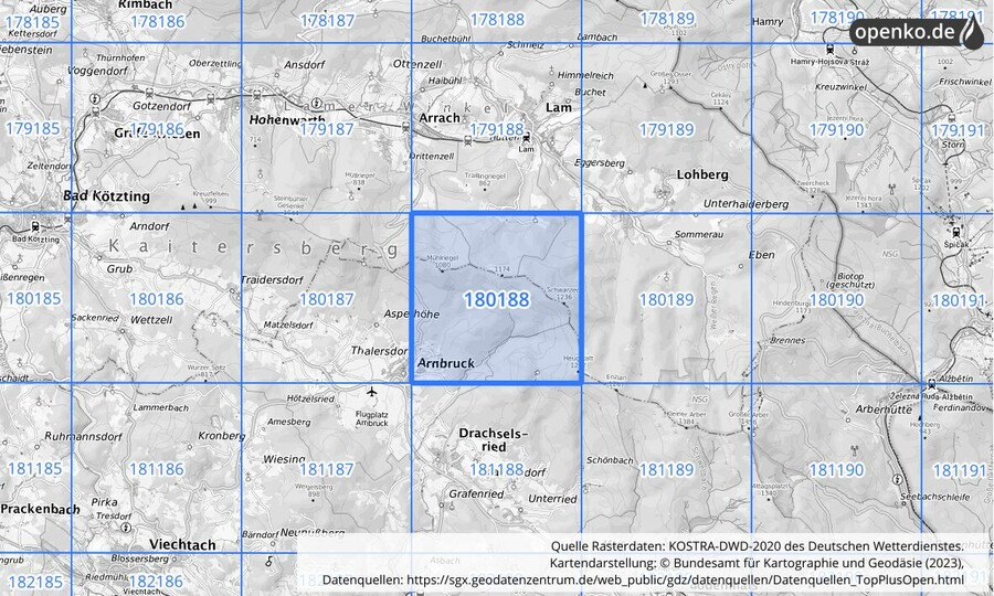 Übersichtskarte des KOSTRA-DWD-2020-Rasterfeldes Nr. 180188