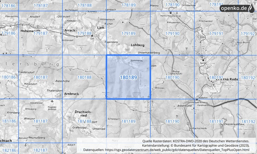 Übersichtskarte des KOSTRA-DWD-2020-Rasterfeldes Nr. 180189