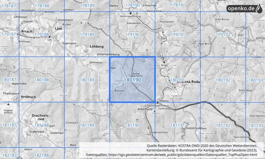 Übersichtskarte des KOSTRA-DWD-2020-Rasterfeldes Nr. 180190