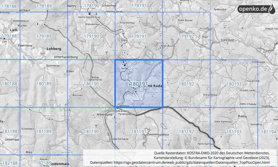 Übersichtskarte des KOSTRA-DWD-2020-Rasterfeldes Nr. 180191