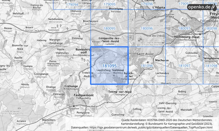 Übersichtskarte des KOSTRA-DWD-2020-Rasterfeldes Nr. 181095