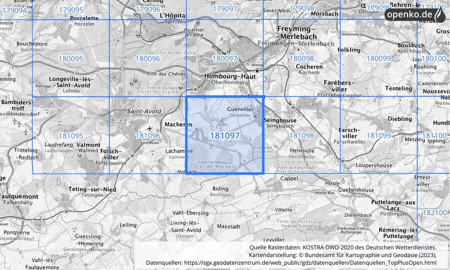 Übersichtskarte des KOSTRA-DWD-2020-Rasterfeldes Nr. 181097