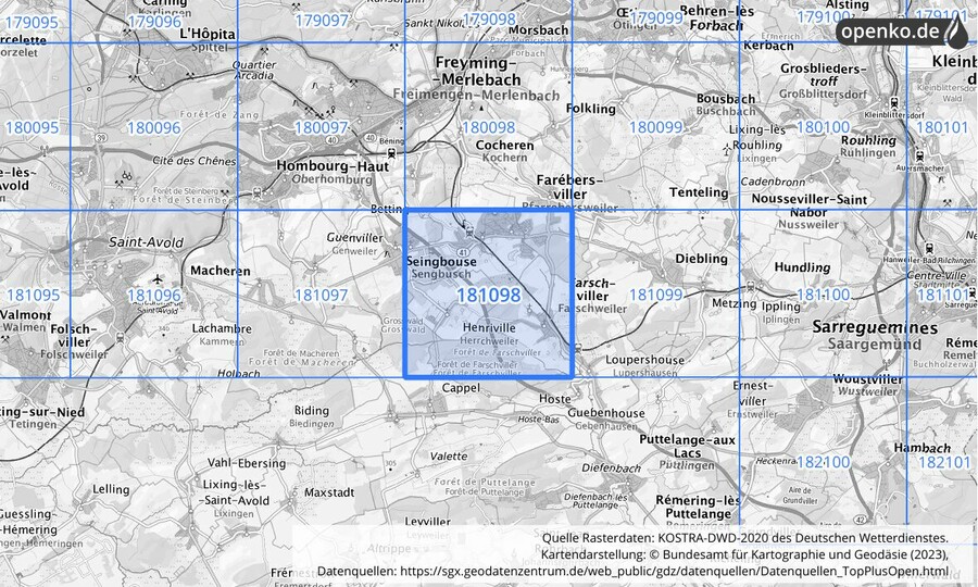 Übersichtskarte des KOSTRA-DWD-2020-Rasterfeldes Nr. 181098