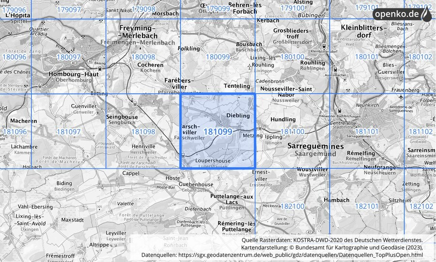 Übersichtskarte des KOSTRA-DWD-2020-Rasterfeldes Nr. 181099