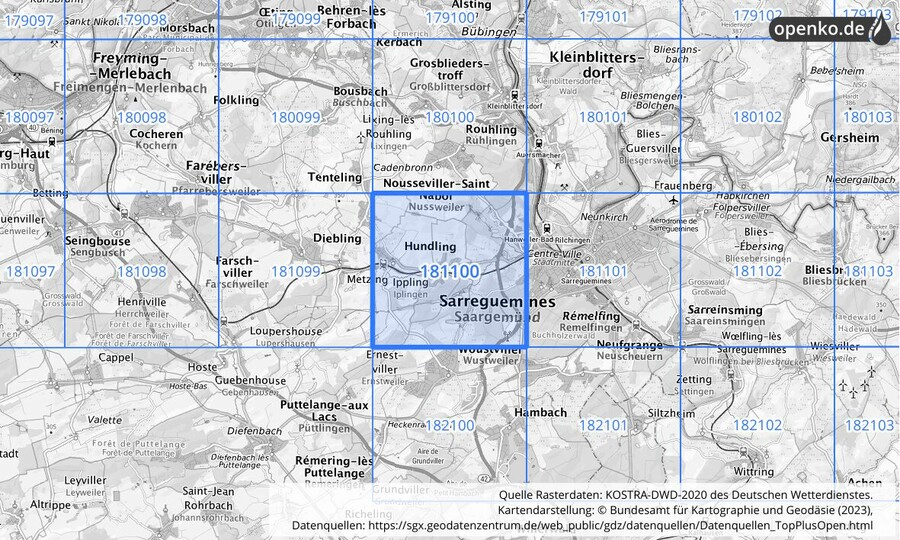 Übersichtskarte des KOSTRA-DWD-2020-Rasterfeldes Nr. 181100