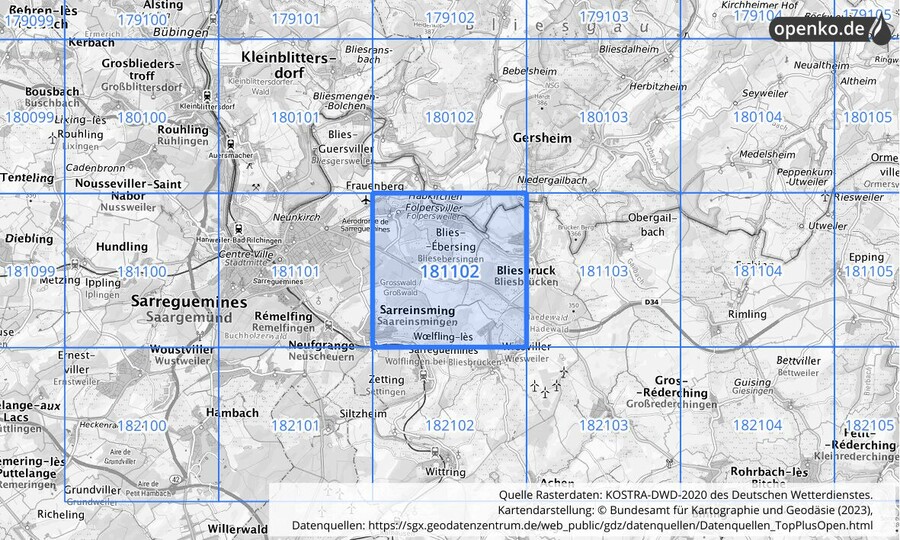 Übersichtskarte des KOSTRA-DWD-2020-Rasterfeldes Nr. 181102