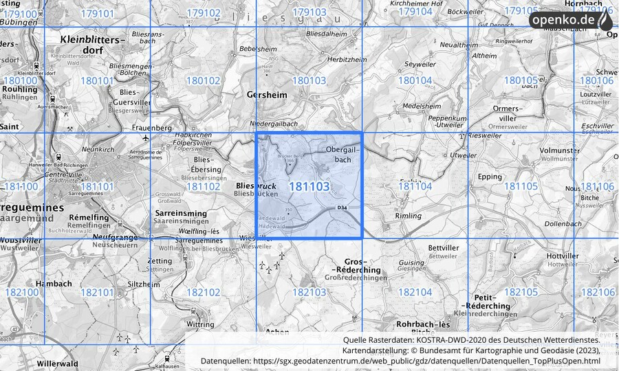 Übersichtskarte des KOSTRA-DWD-2020-Rasterfeldes Nr. 181103