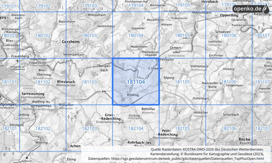 Übersichtskarte des KOSTRA-DWD-2020-Rasterfeldes Nr. 181104