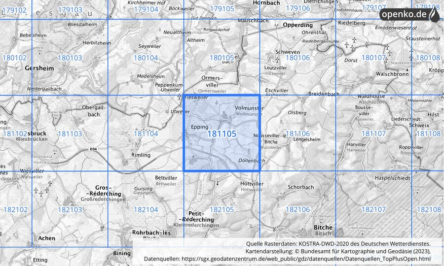 Übersichtskarte des KOSTRA-DWD-2020-Rasterfeldes Nr. 181105