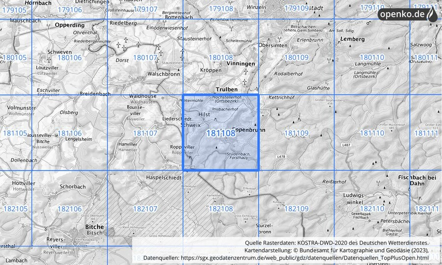 Übersichtskarte des KOSTRA-DWD-2020-Rasterfeldes Nr. 181108