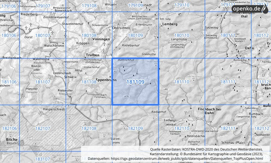 Übersichtskarte des KOSTRA-DWD-2020-Rasterfeldes Nr. 181109