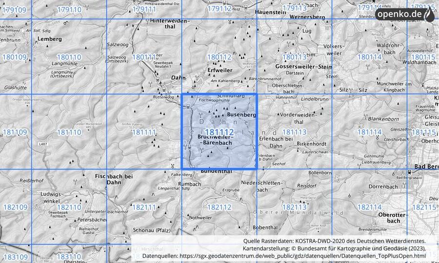 Übersichtskarte des KOSTRA-DWD-2020-Rasterfeldes Nr. 181112