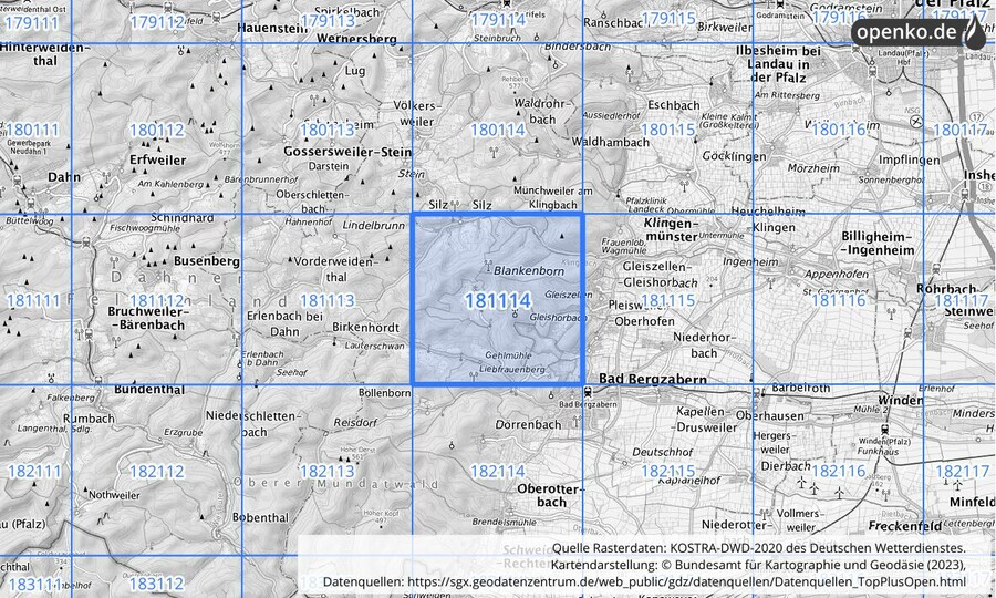 Übersichtskarte des KOSTRA-DWD-2020-Rasterfeldes Nr. 181114