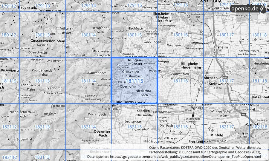 Übersichtskarte des KOSTRA-DWD-2020-Rasterfeldes Nr. 181115