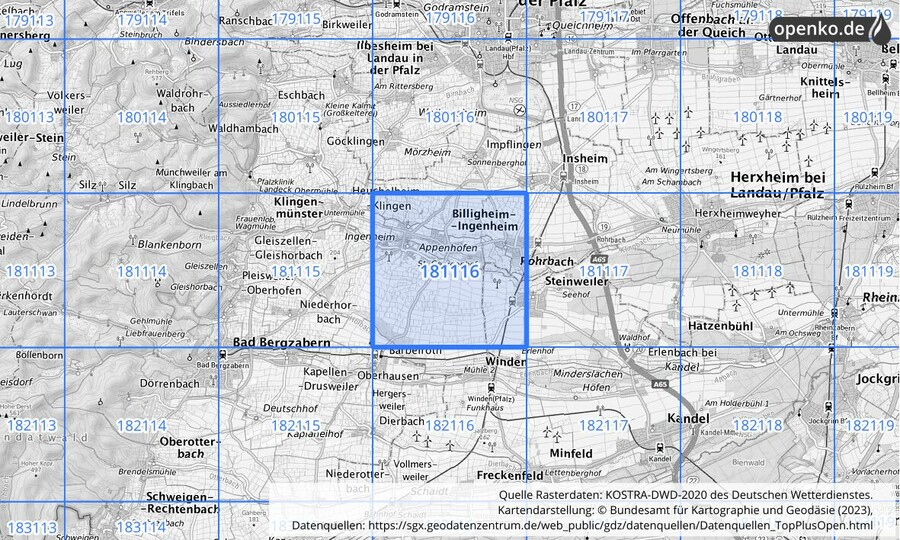 Übersichtskarte des KOSTRA-DWD-2020-Rasterfeldes Nr. 181116