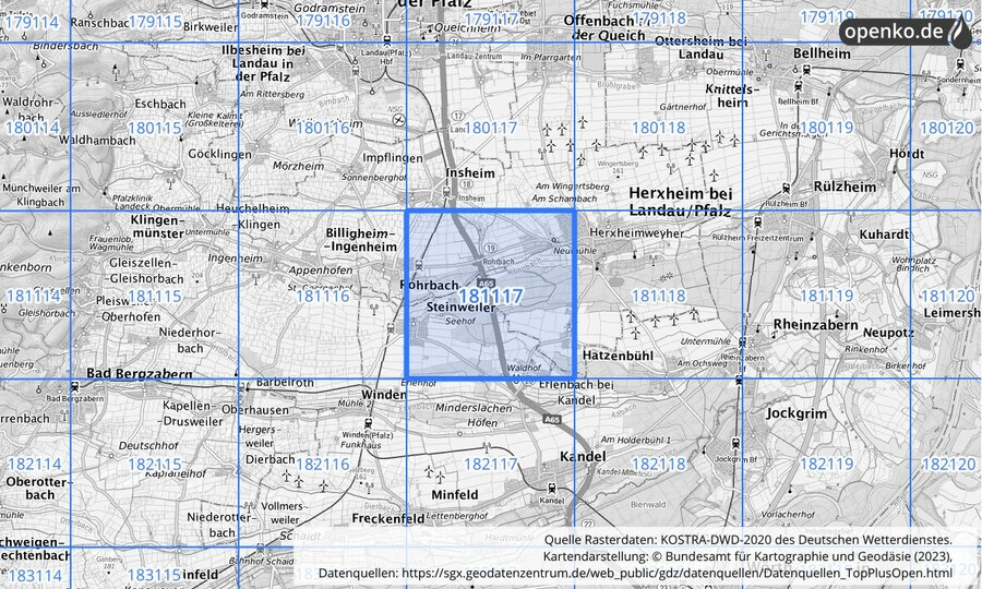 Übersichtskarte des KOSTRA-DWD-2020-Rasterfeldes Nr. 181117
