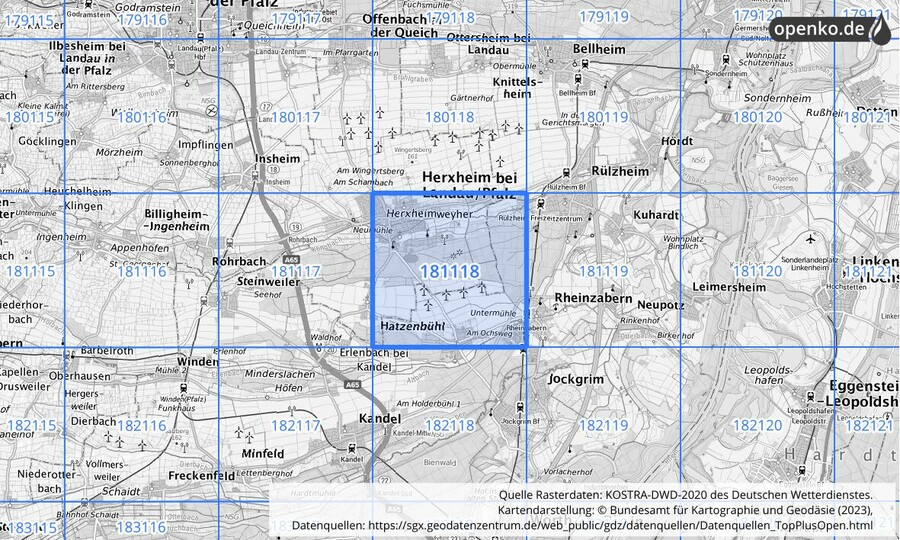 Übersichtskarte des KOSTRA-DWD-2020-Rasterfeldes Nr. 181118