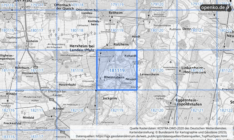 Übersichtskarte des KOSTRA-DWD-2020-Rasterfeldes Nr. 181119