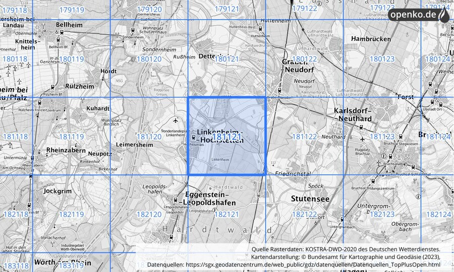 Übersichtskarte des KOSTRA-DWD-2020-Rasterfeldes Nr. 181121