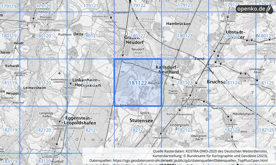 Übersichtskarte des KOSTRA-DWD-2020-Rasterfeldes Nr. 181122