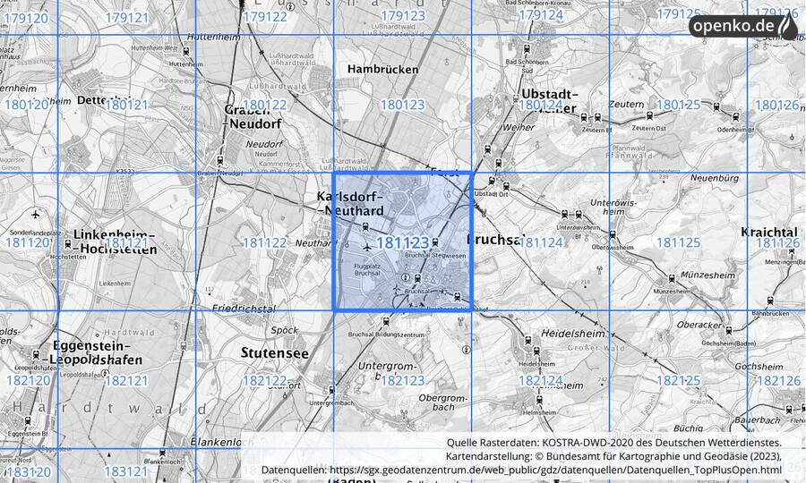 Übersichtskarte des KOSTRA-DWD-2020-Rasterfeldes Nr. 181123